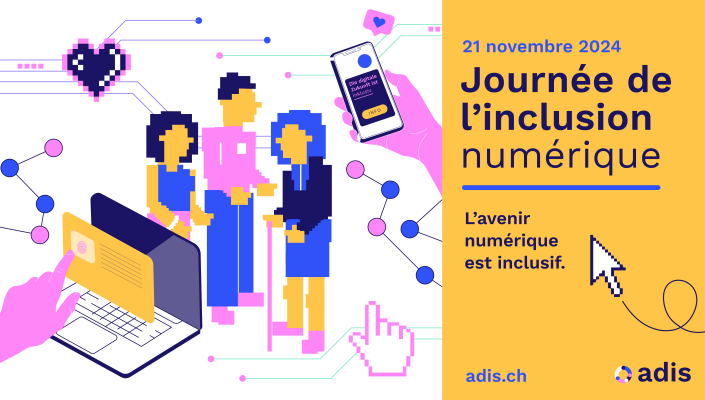 Illustration pour la **Journée de l’inclusion numérique** le **21 novembre 2024**. Trois figures stylisées représentent des personnes de différents âges, symbolisant l’inclusion. La scène est accompagnée de symboles comme un cœur, un smartphone et un ordi